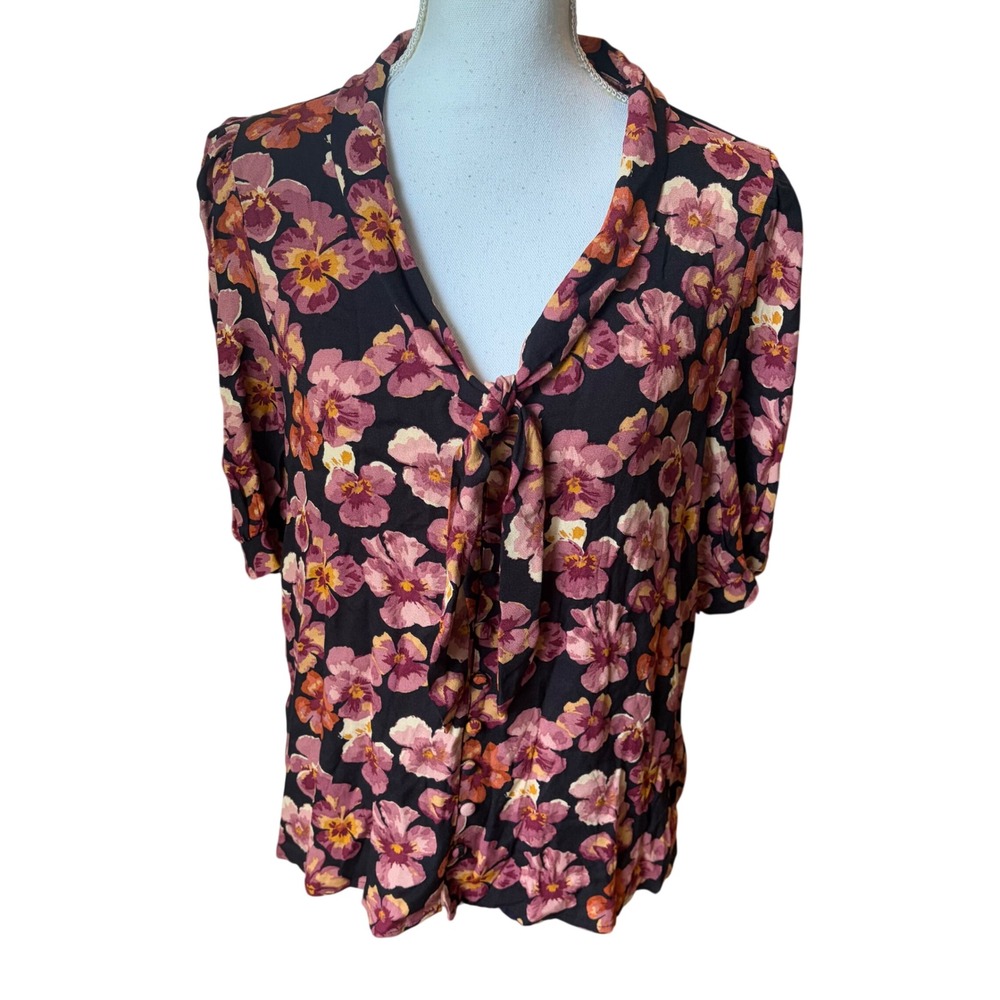 Reformation Joelle Floral Tie Neck Blouse Pansy Romantic Short Sleeve Large Boho